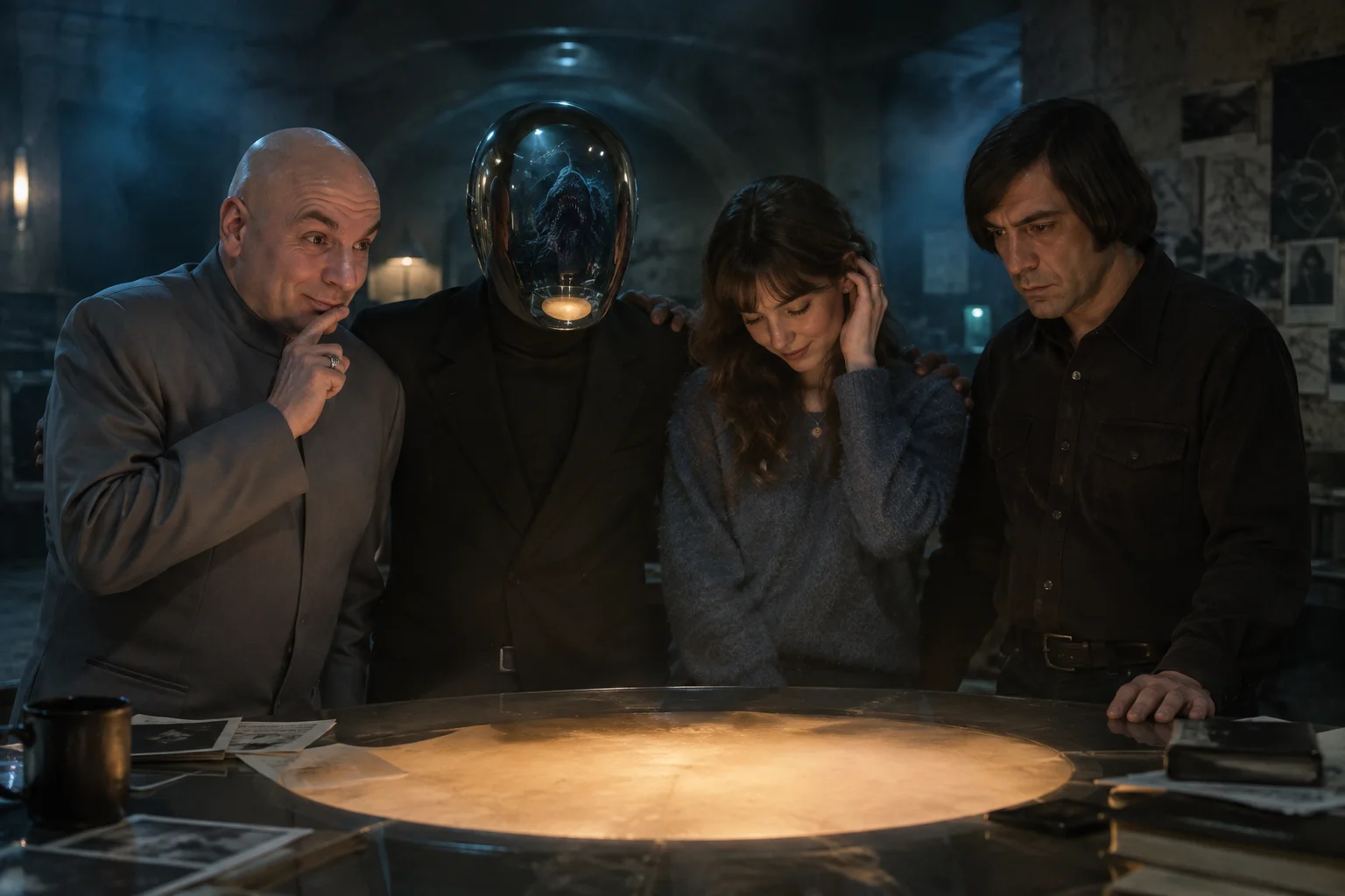 Four distinct figures—including a suited bald villain, a mirror-headed person, a shy singer, and a serious man—stand together around a glowing circular table in a misty underground meeting room.