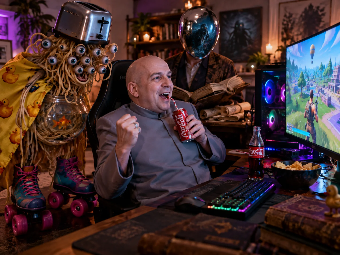 In a cozy RGB-lit gaming room, a small theatrical gamer plays a colorful battle-royale game at a glowing PC while drinking cola, watched by surreal spaghetti and mirror-headed figures.