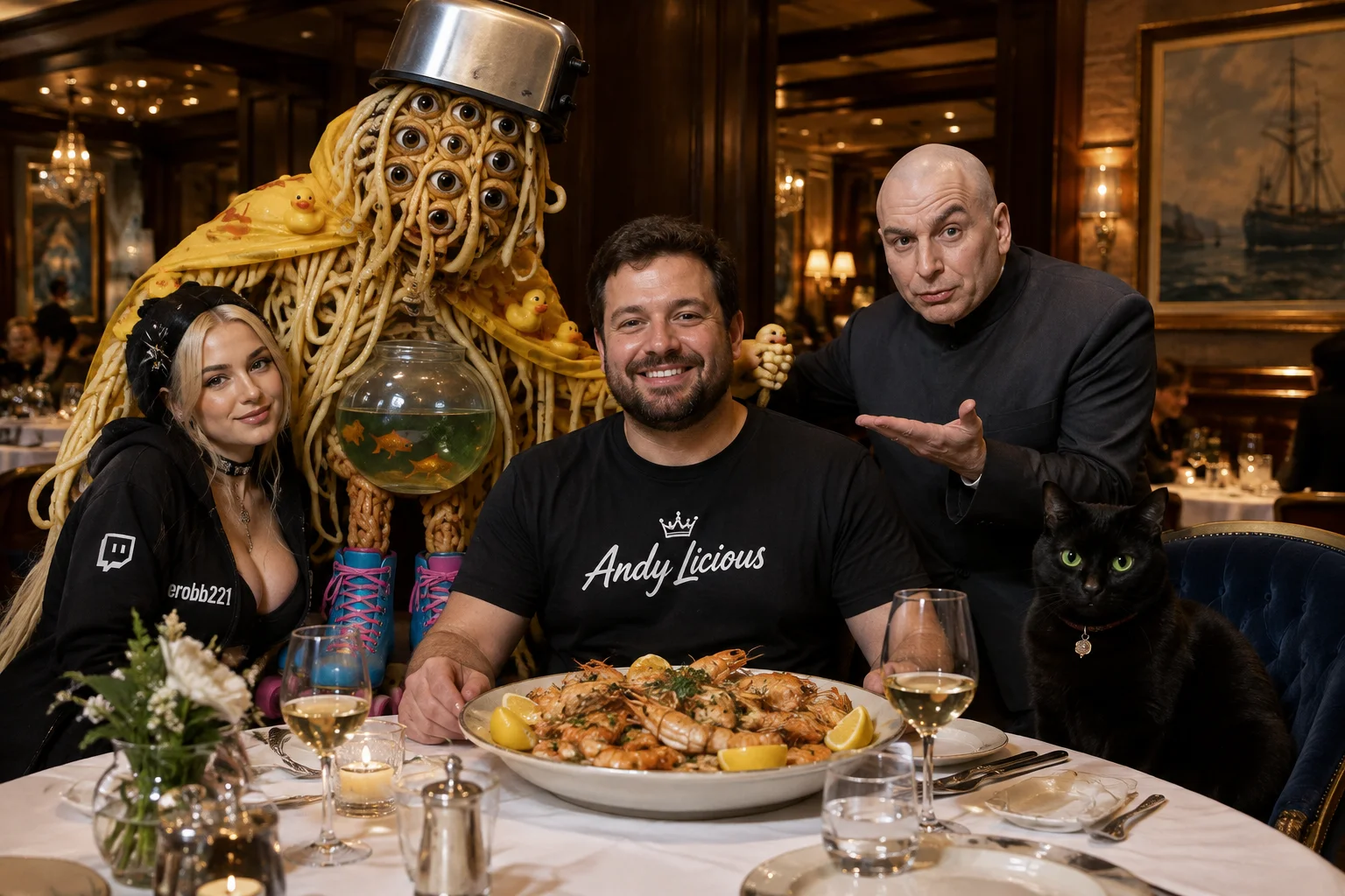 A warmly lit upscale seafood restaurant hosts a surreal dinner party, with a man beside scampi, a bizarre spaghetti creature, a black cat, and two eccentric human companions around a decorated table.