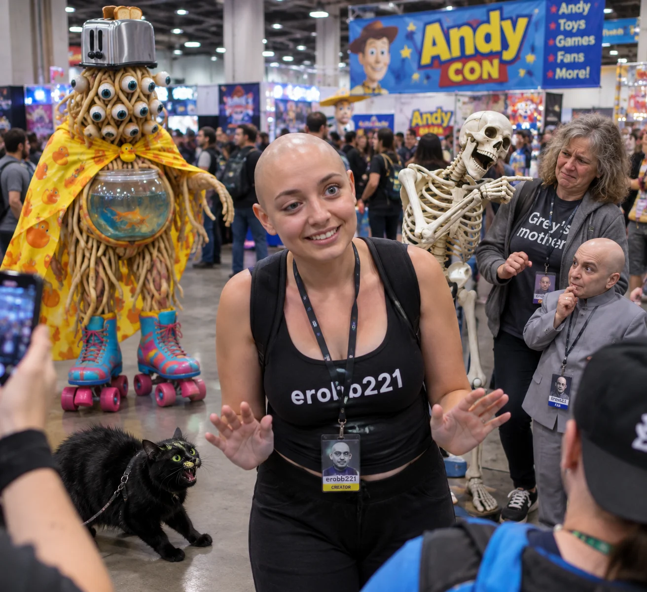 A bald woman awkwardly greets fans at a crowded pop-culture convention while a black cat hisses nearby, with a laughing skeleton and surreal costumed attendees adding comic energy in the hall.