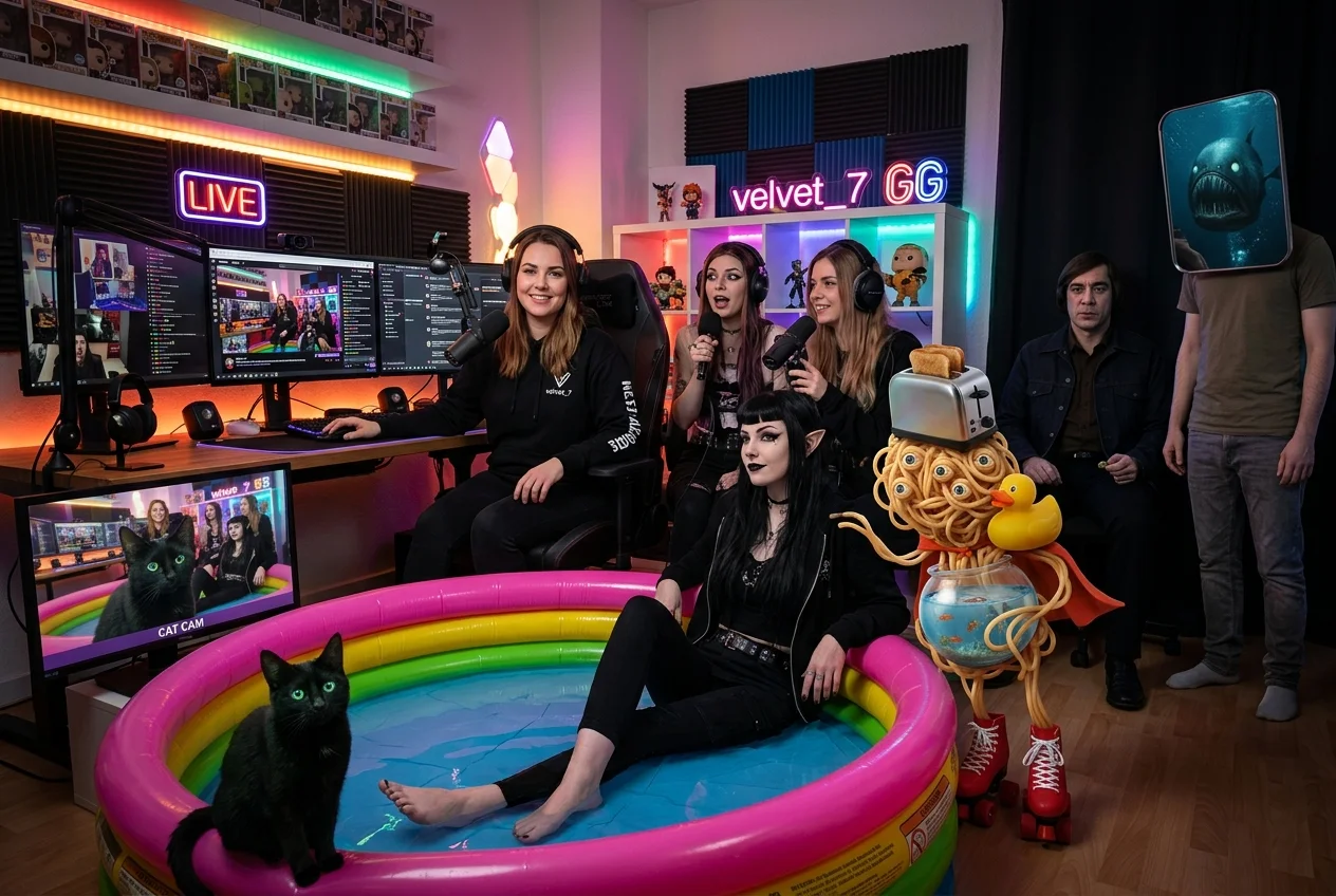 A female streamer and friends gather around a colorful inflatable pool in a cozy neon-lit studio, joined by a surreal spaghetti creature, a green-eyed black cat in a cat-cam setup, and quirky background figures.