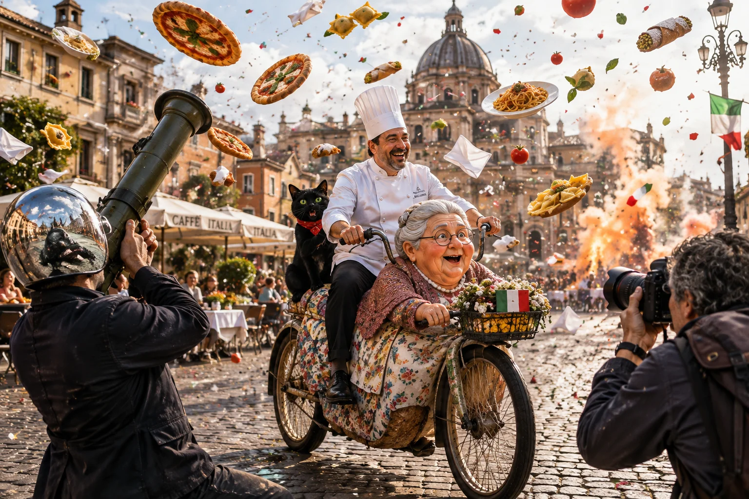 A chef rides a whimsical grandmother-shaped bicycle with a cheerful black cat through a sunlit Italian street as food rains from the sky, while a photographer captures the playful surreal spectacle.