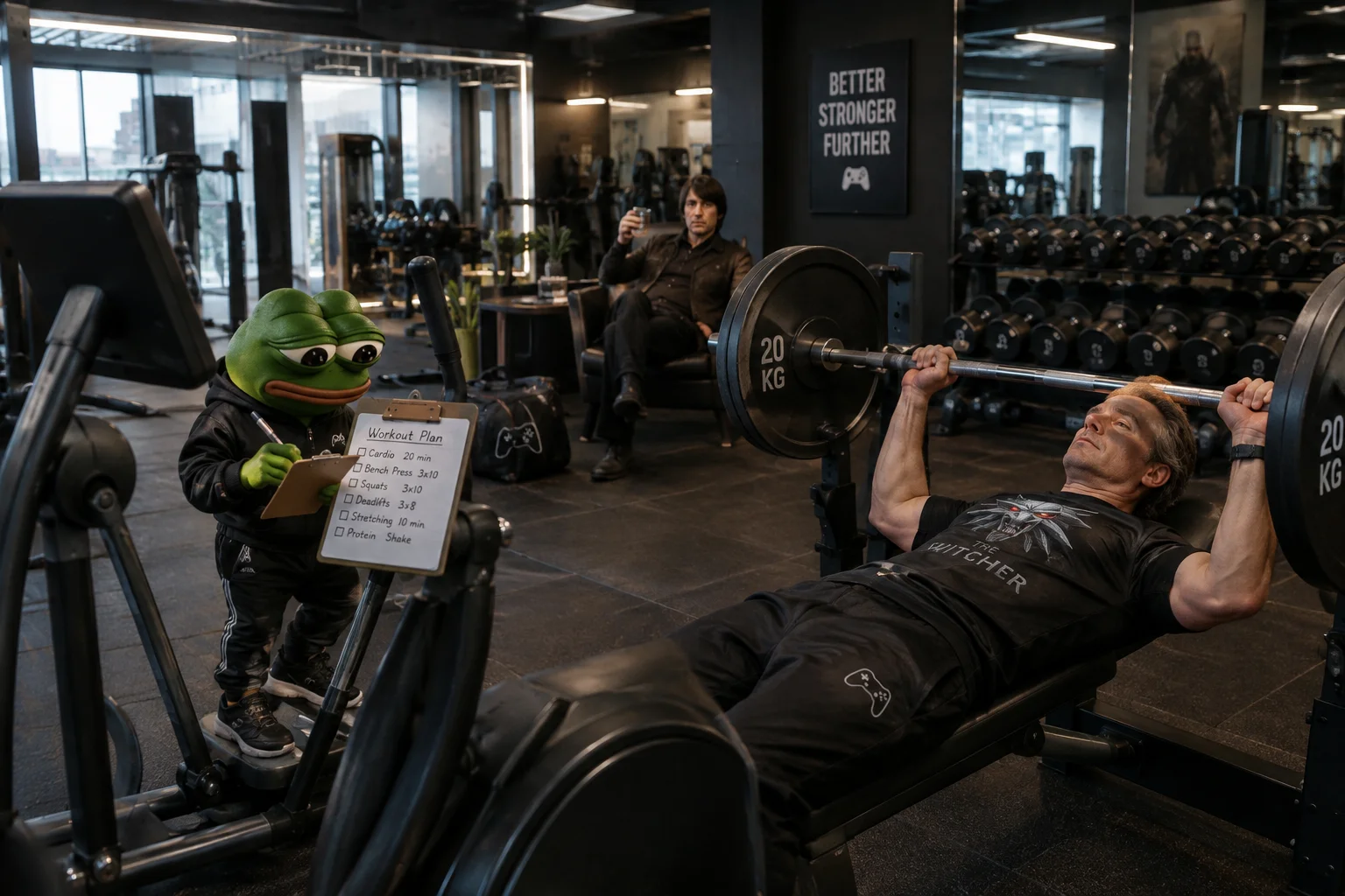 A tiny green frog exercises on an elliptical while taking notes, as a man bench presses a 20-kilogram barbell and another man observes from a chair in a modern, well-equipped gym.