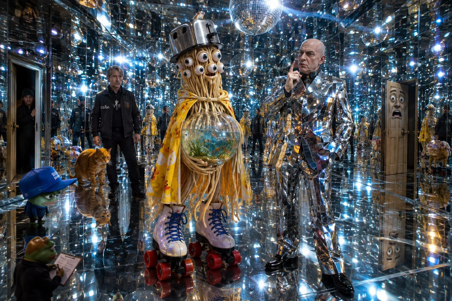 A whimsical 12-eyed spaghetti creature wearing a toaster hat, fishbowl belly, duck cape, and giant roller skates stands beside a mirrored-suit villain in a disco-lit room, surrounded by reflections, observers, and an orange cat.