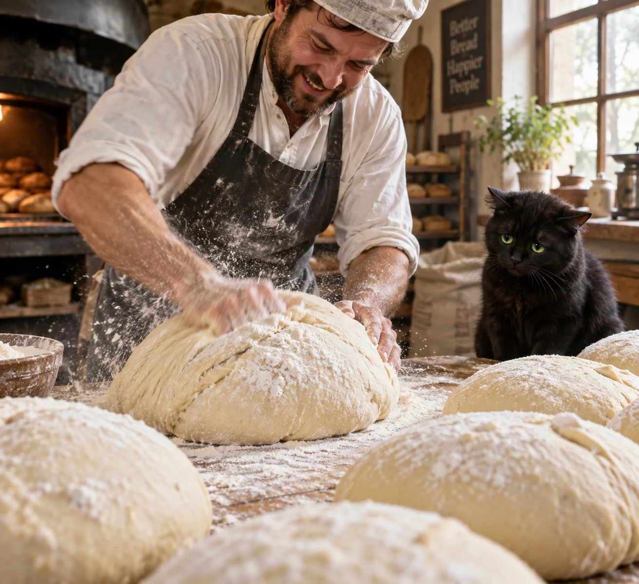 A baker energetically kneads a huge dough ball on a flour-dusted wooden table in a rustic bakery kitchen, while a sad green-eyed black cat watches beside piles of dough.