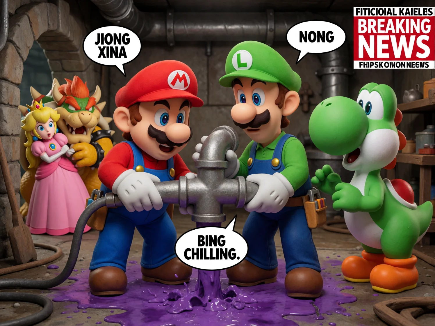 Mario and Luigi repair oversized metal pipes in a colorful Mushroom Kingdom sewer workshop as whipped cream sprays and purple sludge spreads, while a stunned Yoshi watches and Peach and Bowser sneak away in the background.