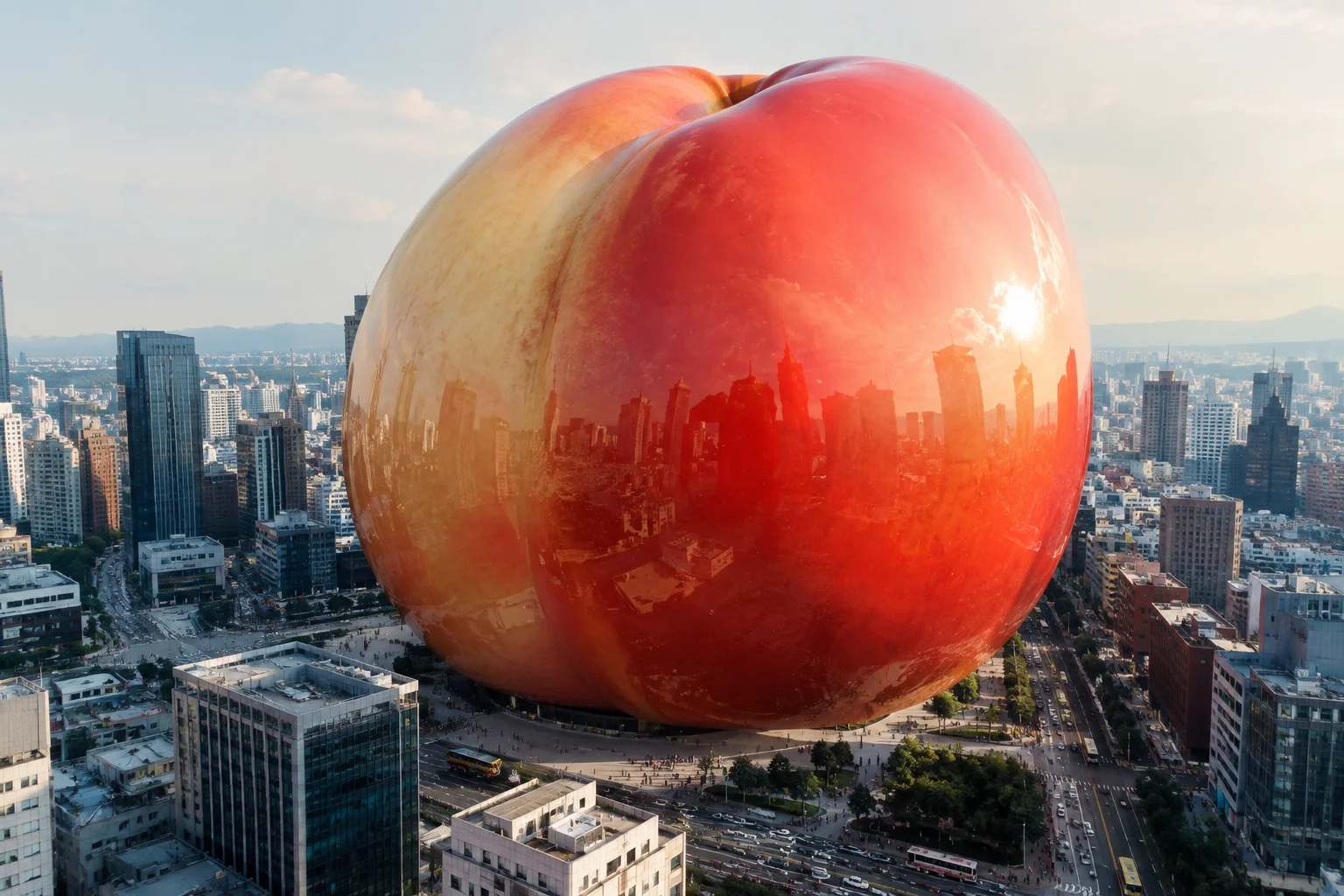 A colossal glossy peach towers over a photorealistic cityscape, with skyscrapers, streets, cars, and tiny people gathered around its rounded base in daylight.