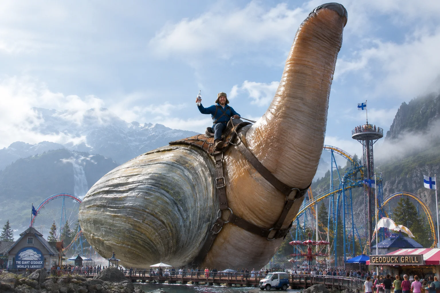 A colossal geoduck forms the centerpiece of a coastal amusement park, with rides and observation platforms around its shell while a man rides its upper body in a harnessed saddle.