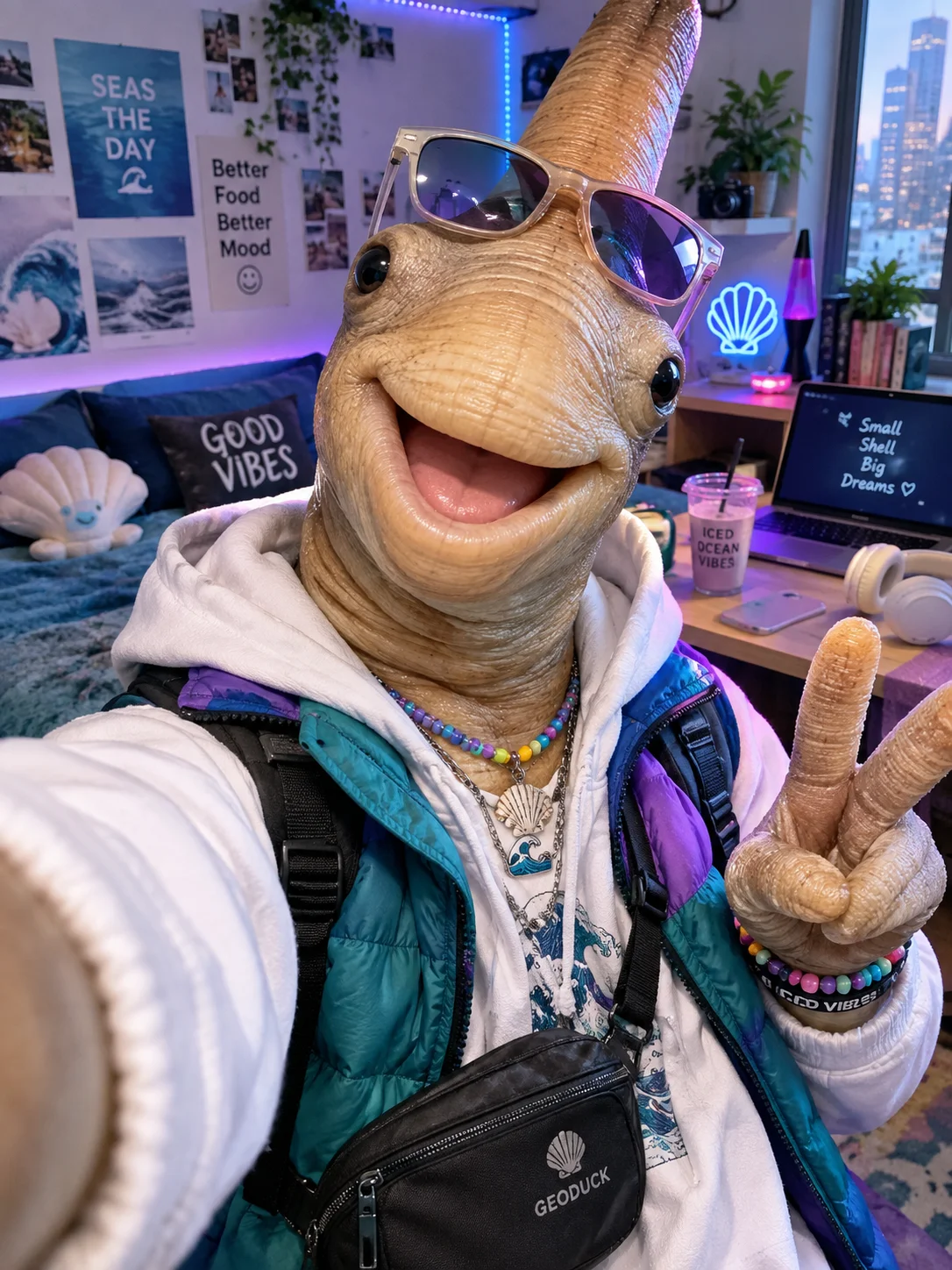 A trendy humanoid Pacific geoduck takes a lively arm’s-length selfie in a modern bedroom or urban café, wearing layered streetwear and colorful accessories under bright LED-accented lighting.