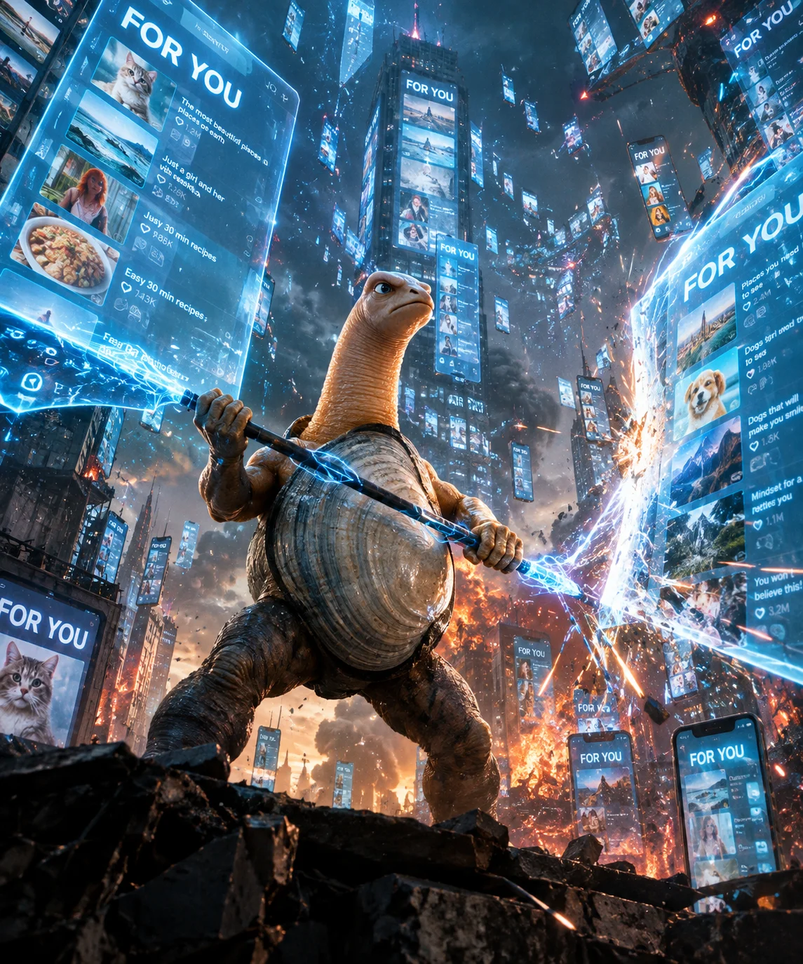 A determined humanoid Pacific geoduck wields an electromagnetic staff against towering glowing “FOR YOU” panels on a fractured rooftop, amid a smoke-filled, collapsing digital city under a stormy apocalyptic sky.