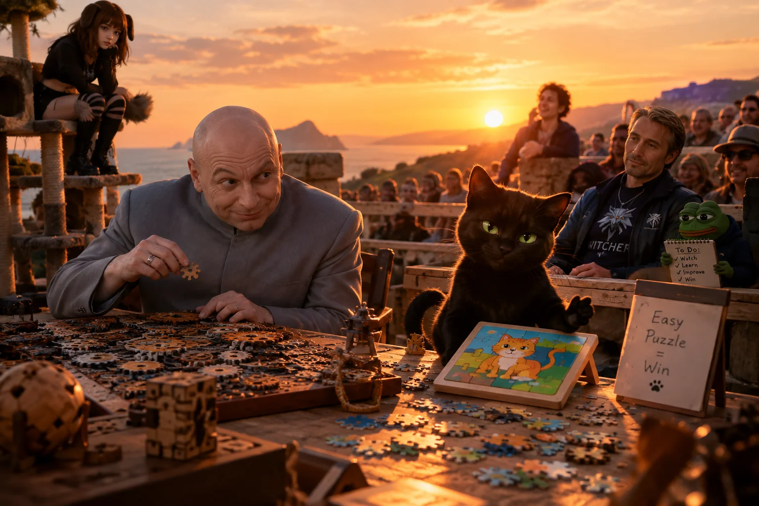 At sunset in an outdoor puzzle amphitheater, a smug mastermind tackles an elaborate puzzle while a black cat confidently solves a simple one, watched by an amused audience and note-taking frog.