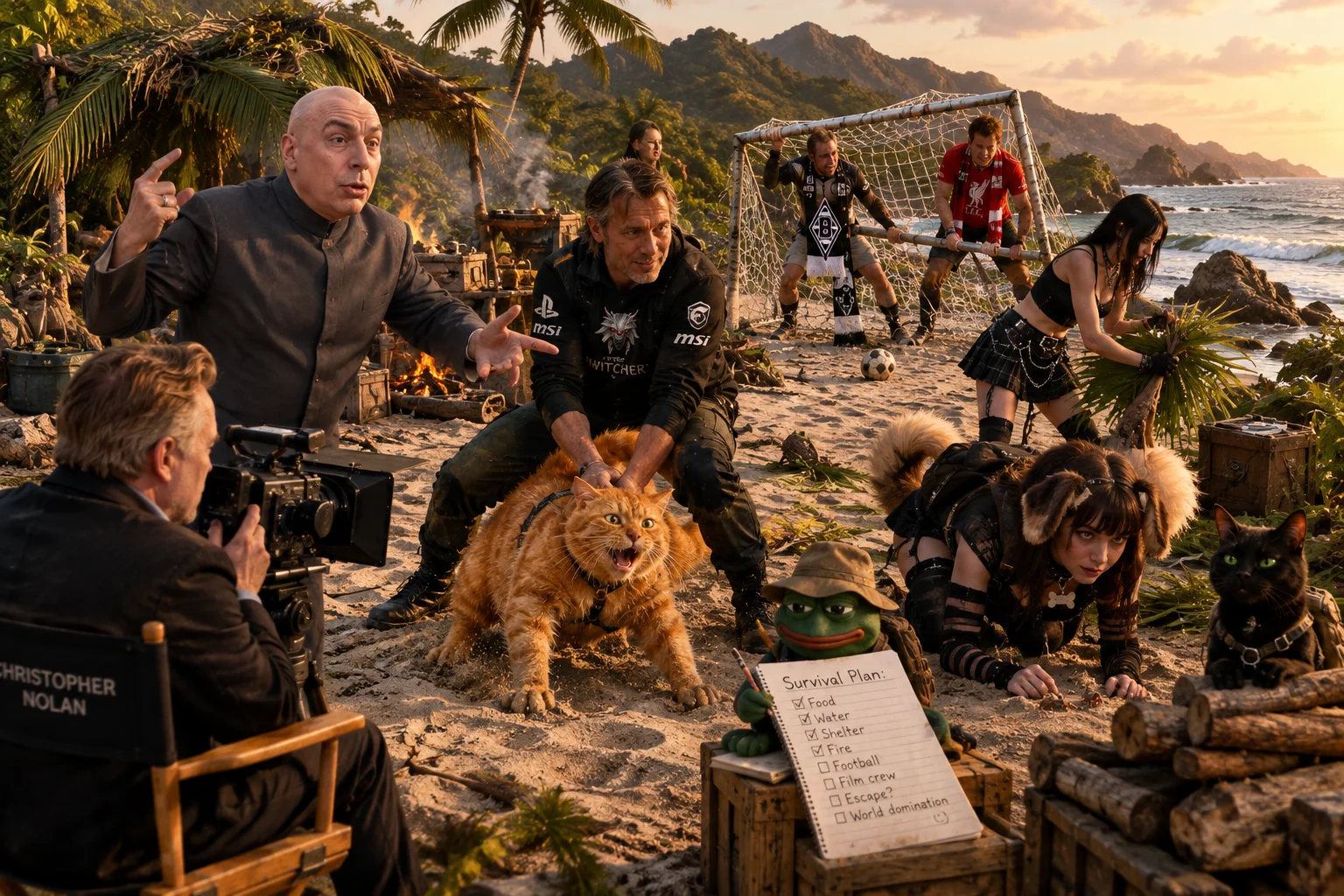 A group of stranded companions gathers around a makeshift beach camp as one wrestles an unruly orange cat, while others take notes, gather supplies, and film the comic survival scene on a tropical island.