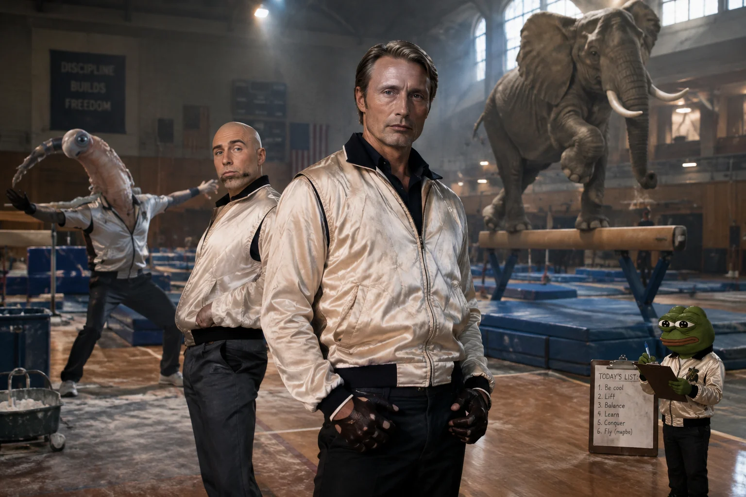 In a vintage gymnasium staged like a cinematic set, a serious man in a satin jacket stands at center while a costumed companion, alien-like geoduck, gymnastic elephant, and note-taking frog surround him.