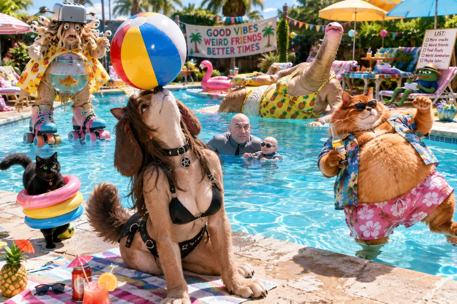 A lively surreal pool party unfolds on a sunny afternoon, with a goth puppygirl balancing a beach ball on her nose while eccentric animal and fantasy guests dance, swim, and lounge around the turquoise pool.