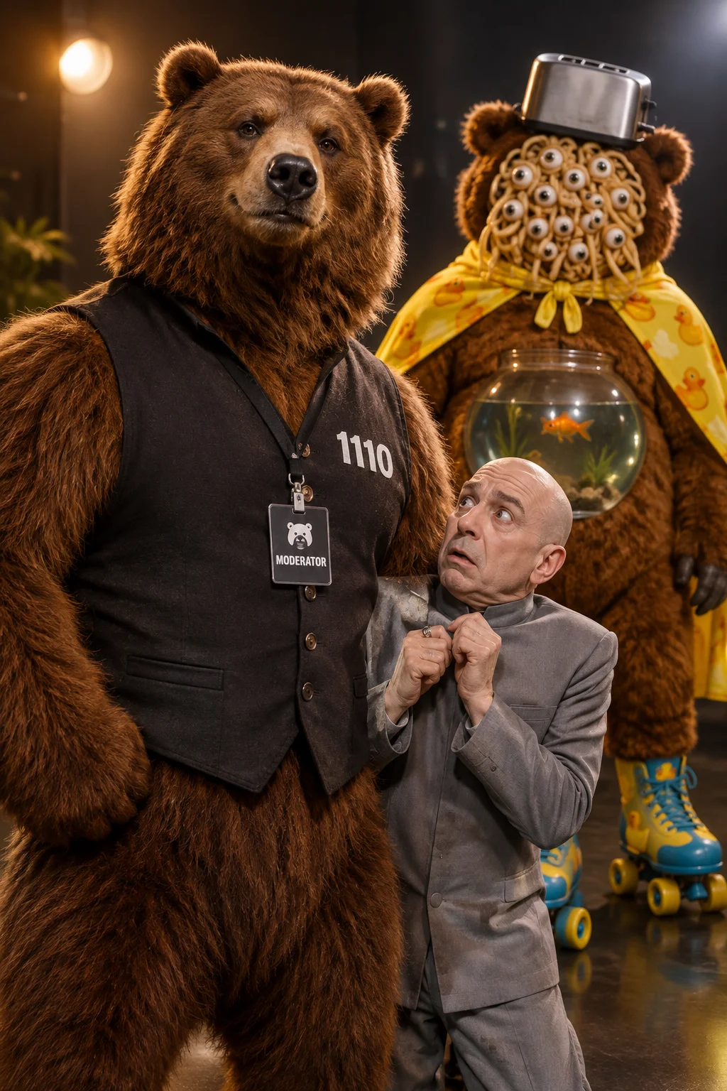 A charismatic anthropomorphic brown bear wearing a moderator badge and dark vest marked “1110” stands prominently in a warmly lit studio beside a frightened villain-like figure and a surreal costumed creature.