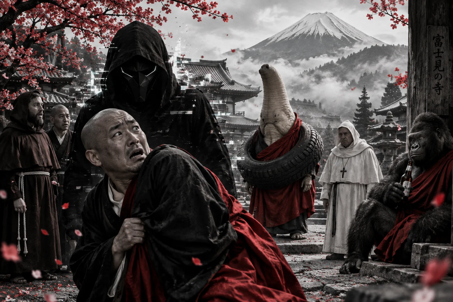 In a surreal Buddhist retreat beneath Mount Fuji, a frightened monk recoils from a shadowy hooded figure while other monks, a tire-clad geoduck, and a beer-holding gorilla observe amid mist and cherry blossoms.