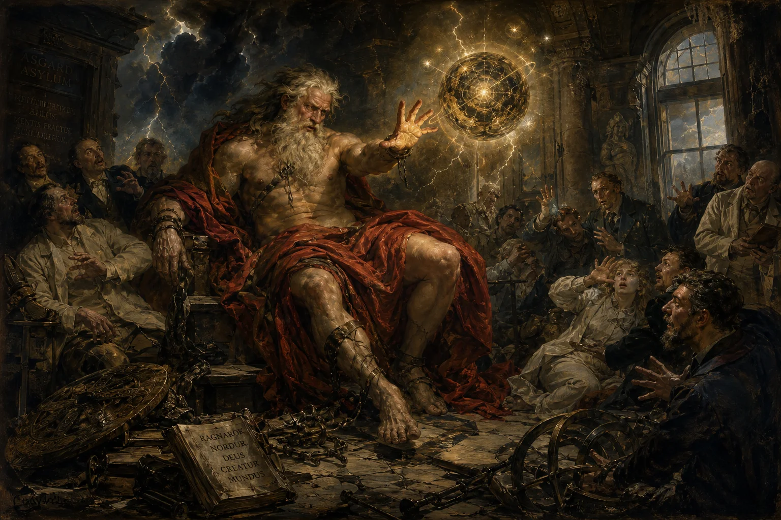 A weary Norse thunder god in a decaying asylum raises a trembling hand over a radiant golden world, while astonished physicians and visitors recoil amid cracked marble, restraints, storm clouds, and lightning.