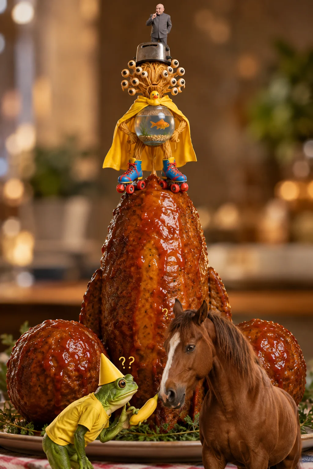 A glossy rocket-shaped meatloaf with meatball boosters supports a whimsical twelve-eyed spaghetti creature, while a puzzled frog mistakes a banana for part of a calm horse in a warmly lit studio scene.