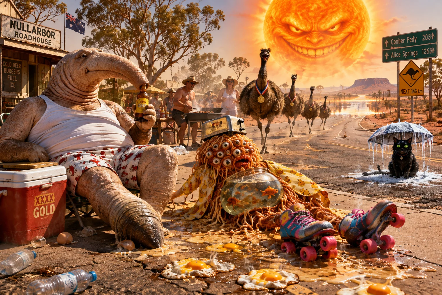 A surreal Australian outback town swelters beneath a menacing anthropomorphic sun as a geoduck lounges by a cooler, a spaghetti creature melts on the road, emus parade, and a shivering cat sits in frost.