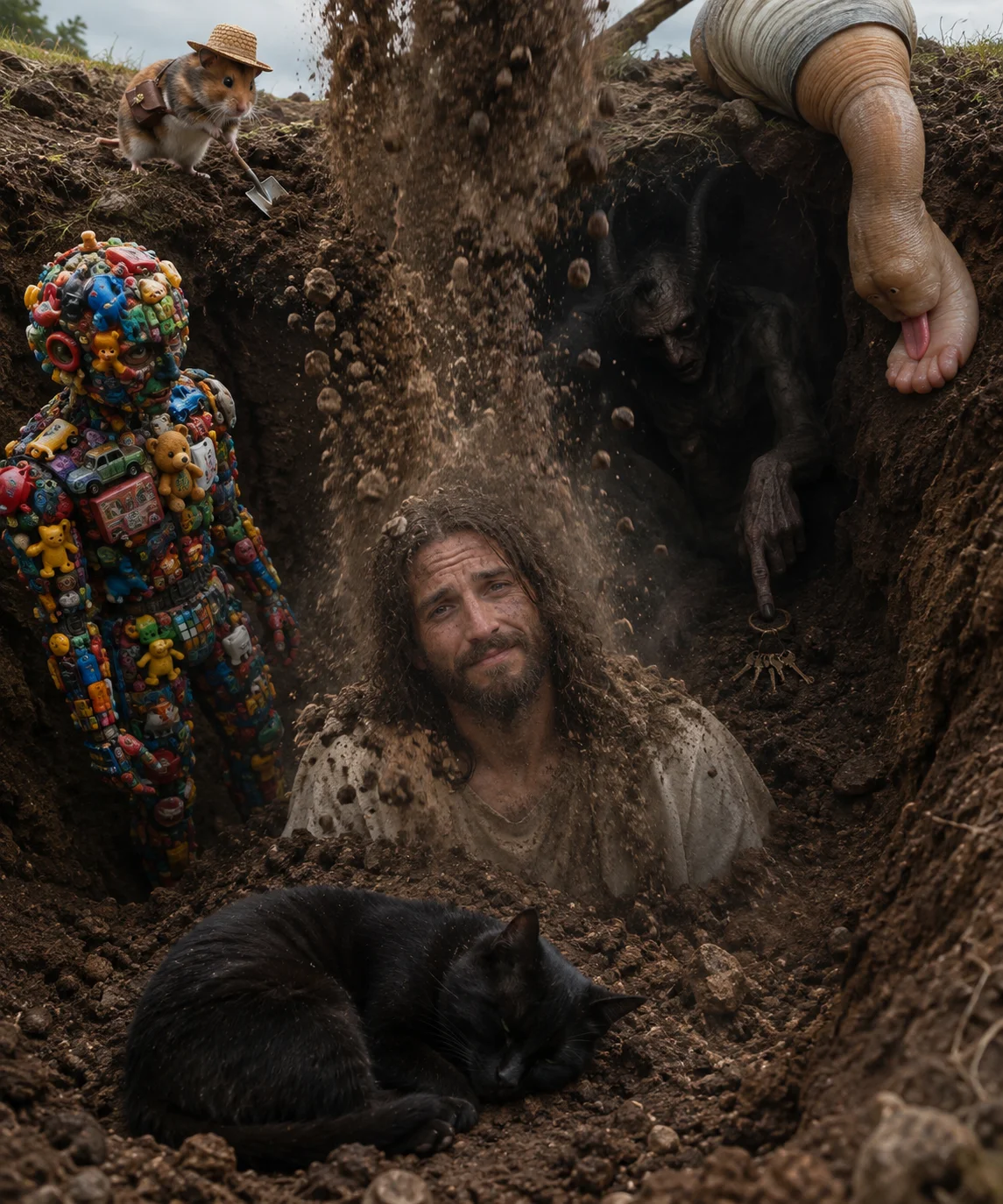 A weary, smiling Jesus is half-buried in a freshly dug earthen hole beneath falling soil, with a sleeping black cat nearby and fantastical helpers and a shadowy figure around the rim and walls.