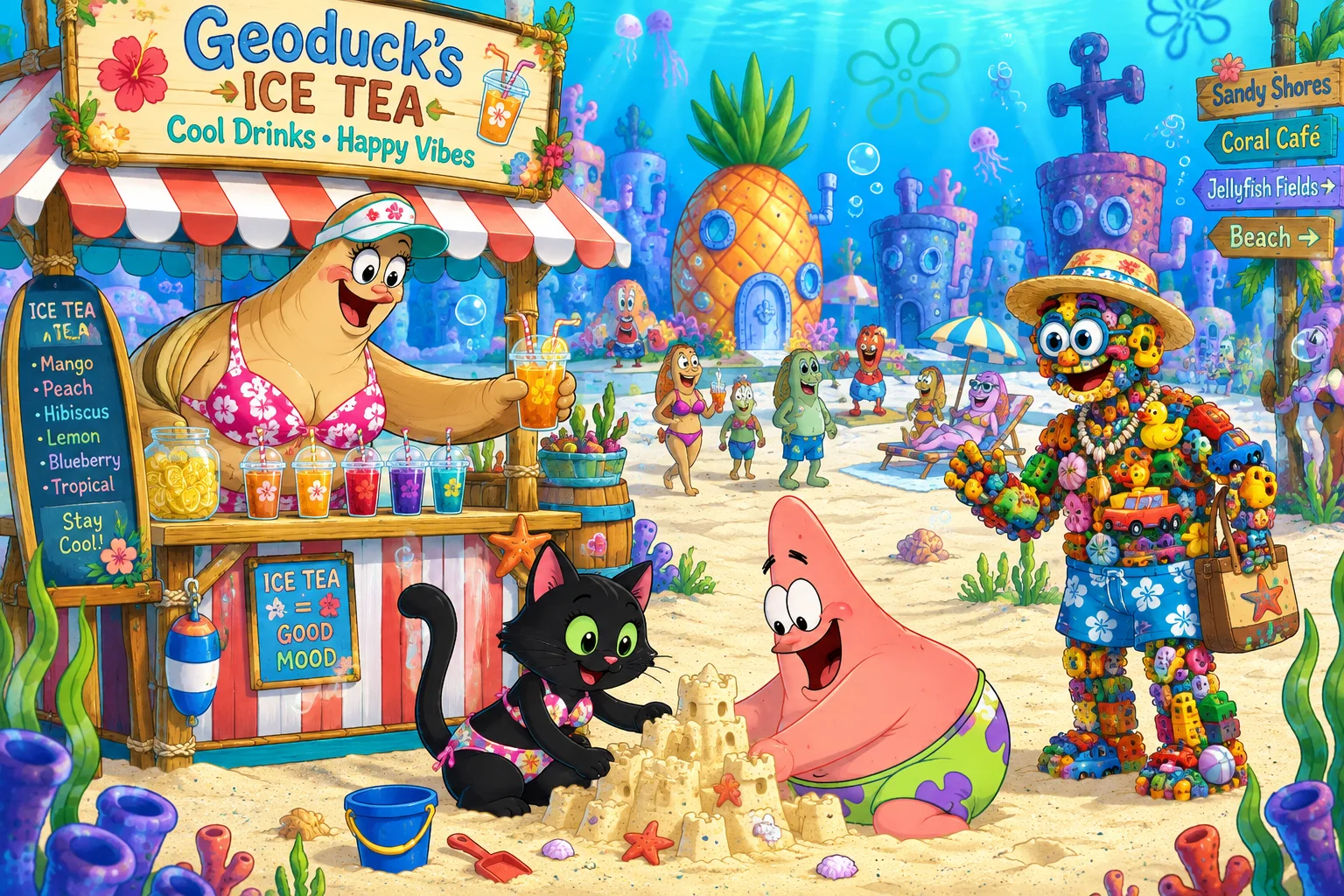 A whimsical underwater seaside neighborhood features a giant geoduck serving iced tea at a striped kiosk while a green-eyed cat plays with a starfish in the sandy foreground, surrounded by colorful coral buildings, bubbles, and tropical sea