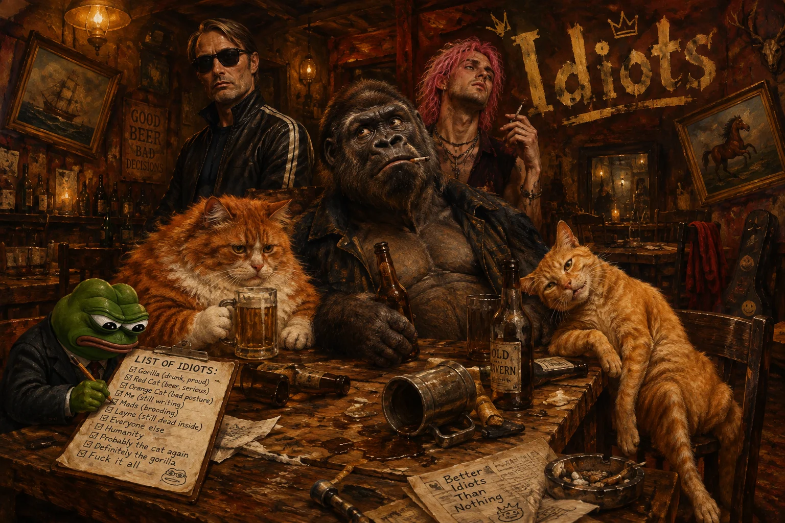A satirical oil painting shows a chaotic tavern ensemble centered on a slumping gorilla at a bottle-strewn table, with note-taking and beer-drinking cats and a dramatic pair of musicians behind him.