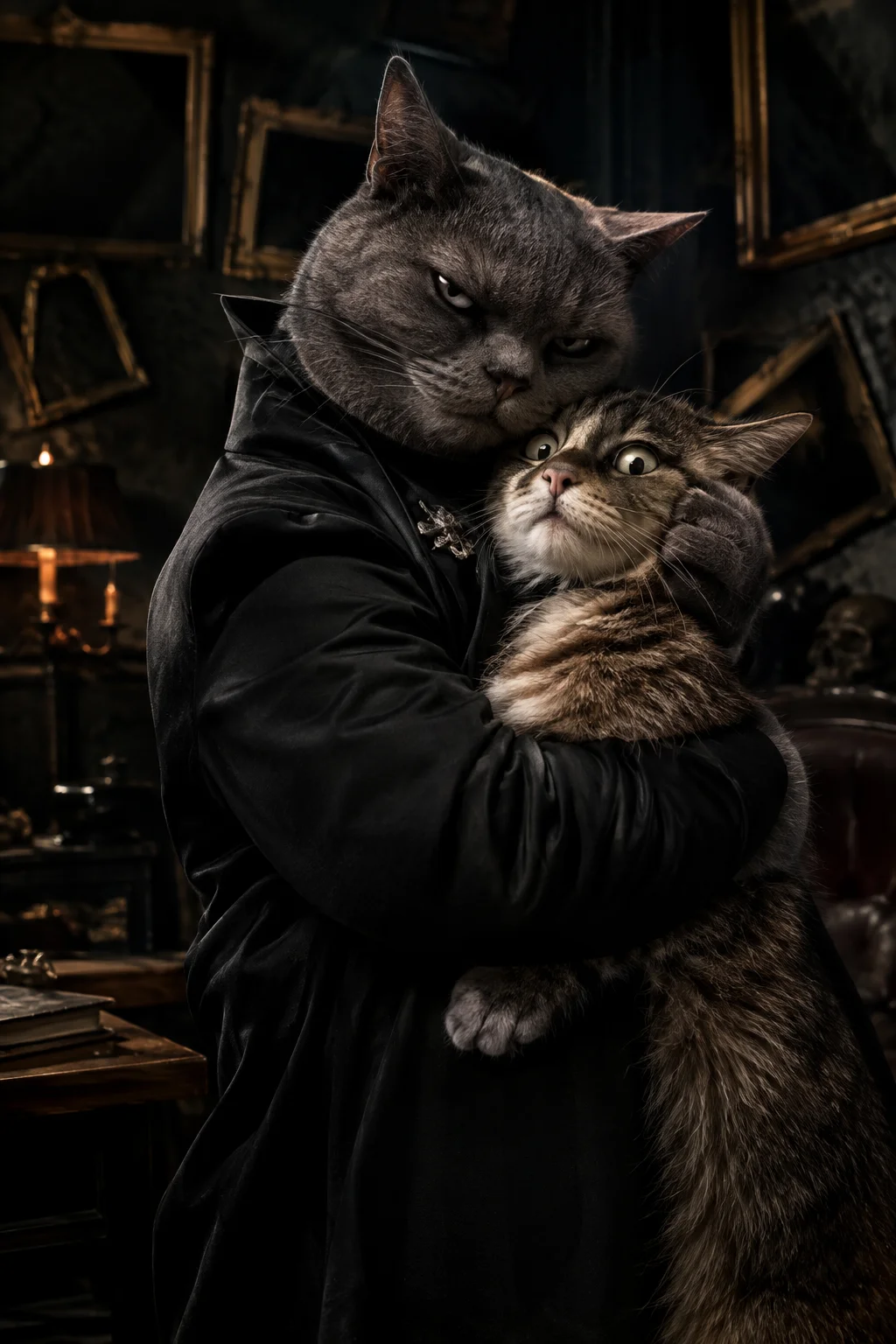 A sinister formally dressed cat tightly hugs a startled but unharmed cat in a dim, shadowy room scattered with empty frames, creating a darkly comic noir scene.