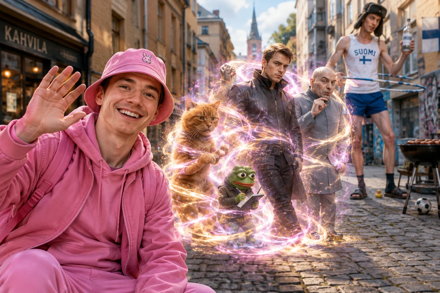 A cheerful young man in a pink outfit waves in the foreground of a lively surreal street scene, while a cat and tiny frog undergo a magical transformation and a tall man performs antics in the background.