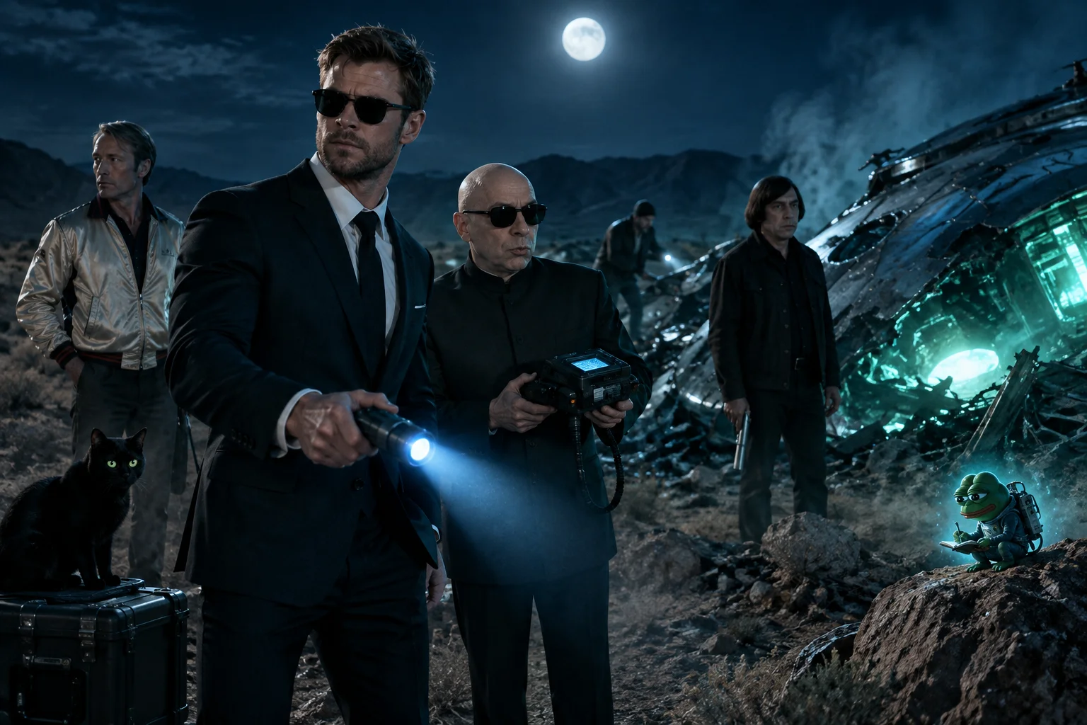 A suited man in sunglasses and a black-suited companion scan a moonlit desert crash site with a flashlight as a cat, investigators, and a tiny note-taking alien gather around glowing spacecraft wreckage.