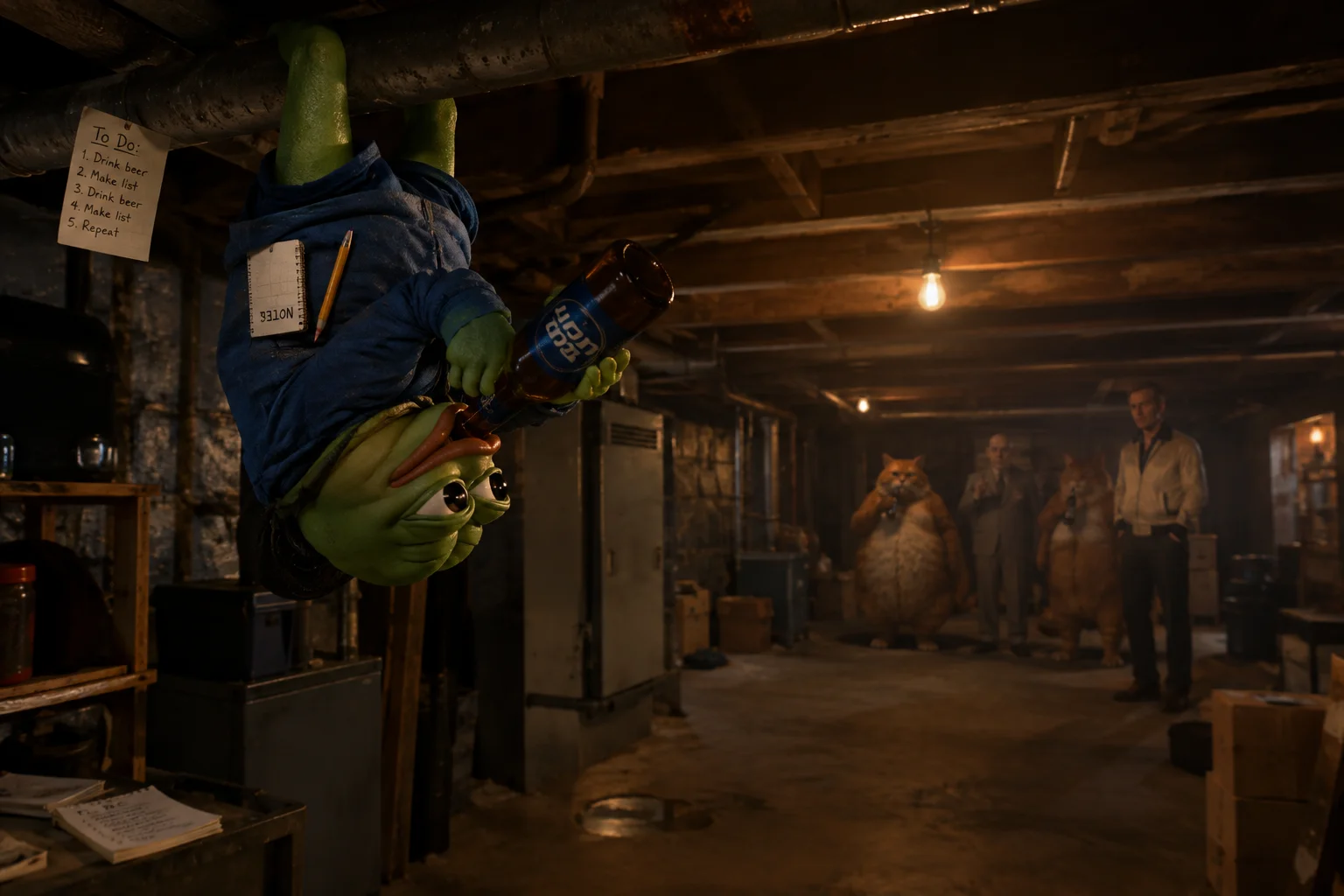 In a dim, cluttered basement, a tiny green frog hangs upside down from a ceiling pipe while trying to drink from a beer bottle, with three distant companions watching beneath a warm hanging bulb.