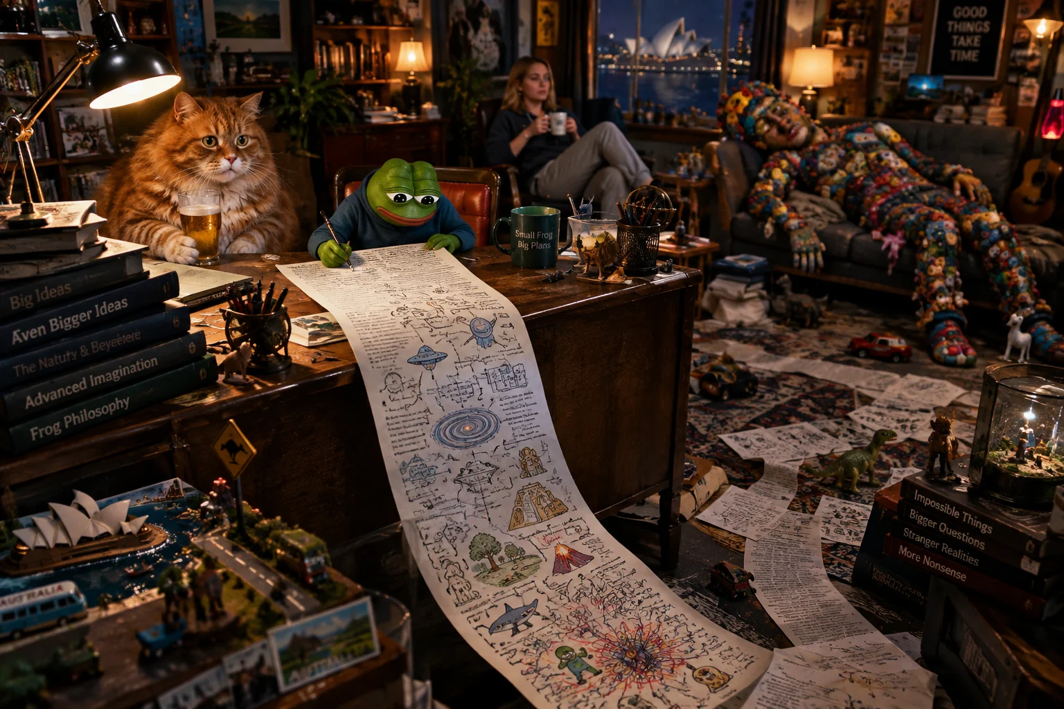 A tiny green frog furiously takes notes on a sprawling list at an enormous desk in a cluttered late-night study, watched by a beer-sipping red-haired cat, a relaxed woman, and a toy-built figure on a couch.