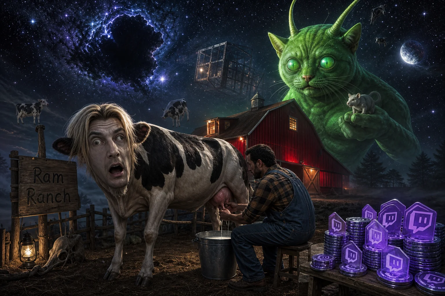 A bizarre cow and a rugged farmer compete in a frantic milking contest outside a glowing barn, while a towering lime-green alien cat plays with a mouse beneath a fractured, star-filled night sky.