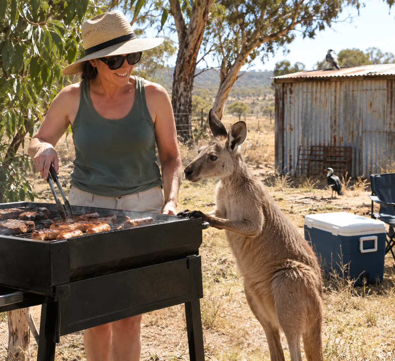 A woman in a sunlit Australian backyard tends a sizzling barbecue as a curious kangaroo reaches for a sausage, with eucalyptus trees, dry grass, and a corrugated shed behind them.