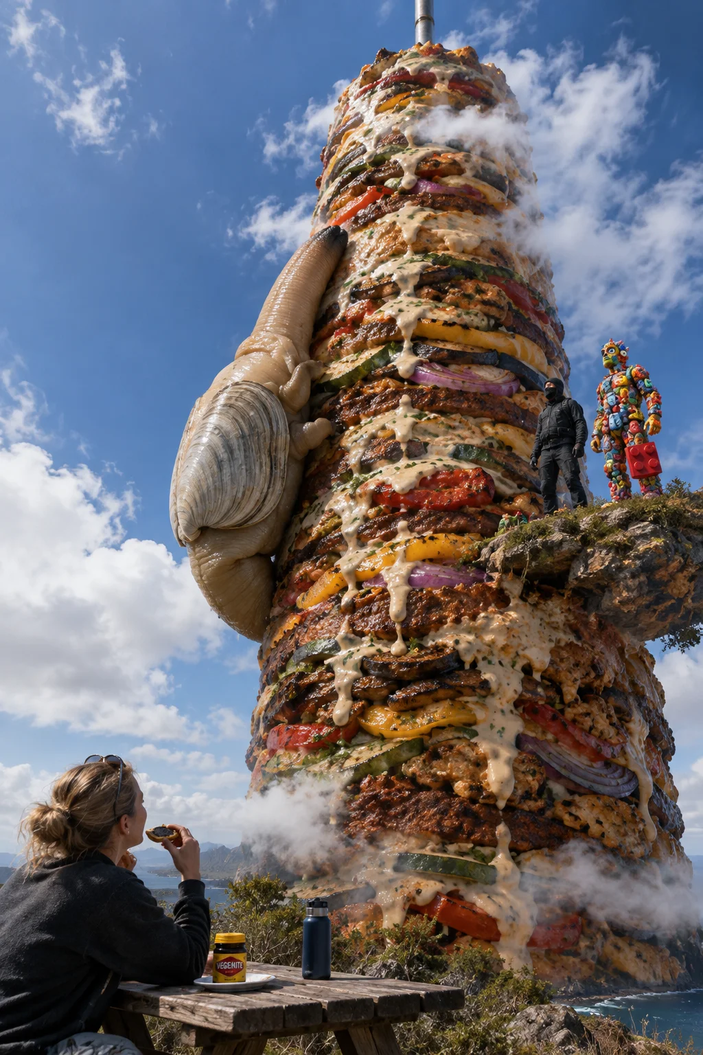 A colossal tahini-coated vegan kebab towers into the sky as a geoduck climbs it, while a masked man and colorful toy figure watch and a woman eats toast at a picnic table below.