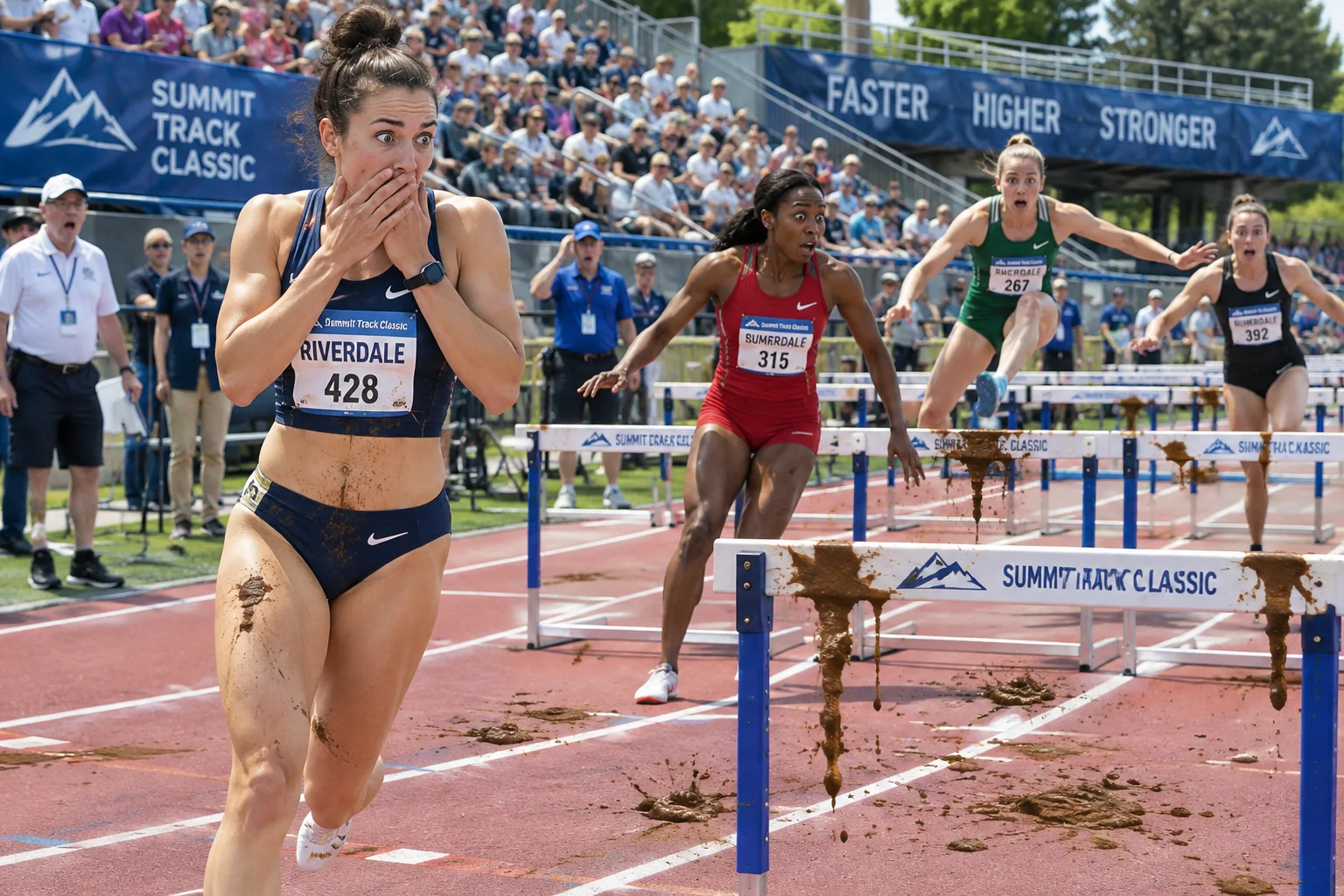 A female track athlete reacts with embarrassed surprise as competitors carefully navigate messy equipment and lane markings during a busy outdoor stadium competition.