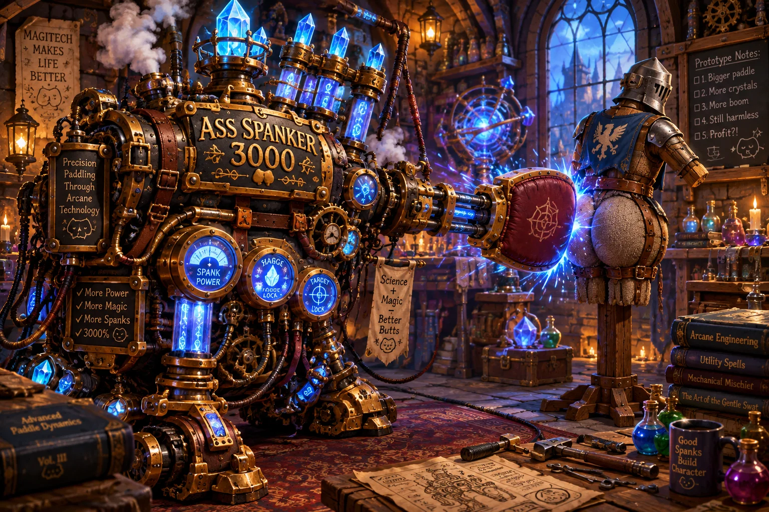 A whimsical brass-and-crystal machine harmlessly swats a fully armored training dummy in a cluttered wizard-engineer workshop filled with magical tools, gears, pipes, and glowing sparks.