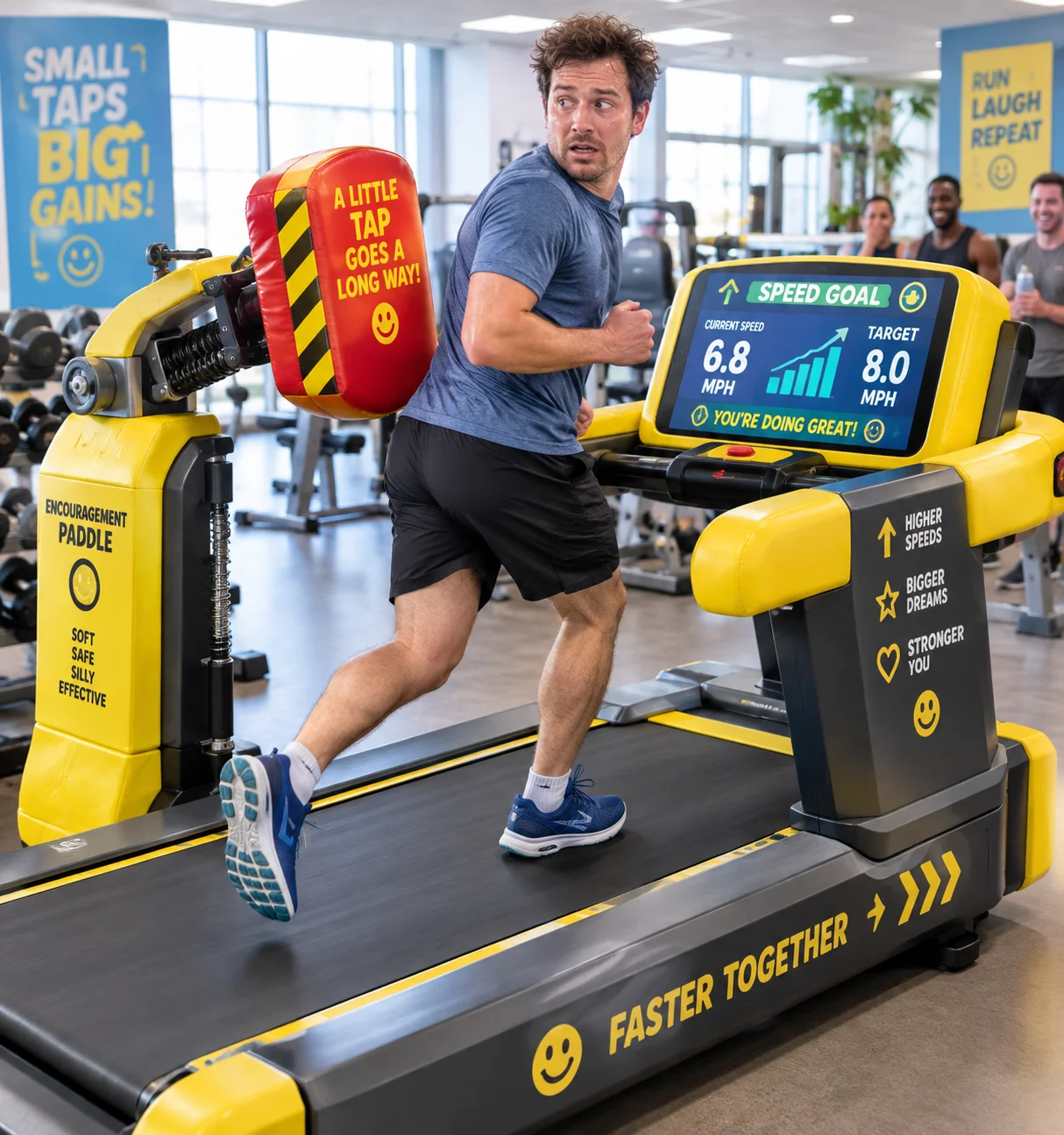 An exhausted runner glances nervously over one shoulder while jogging on a humorous padded motivational treadmill in a bright modern gym, surrounded by playful safety features and amused onlookers.