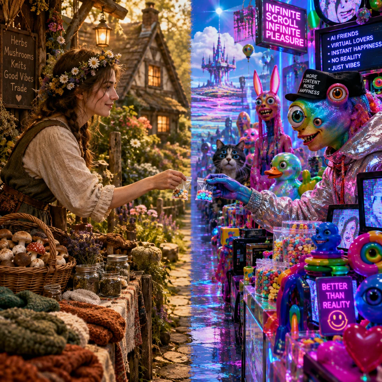 A surreal street market is split between a warm cottage garden and a garish synthetic landscape, where two uncanny figures exchange small packages at the center under contrasting golden and neon light.