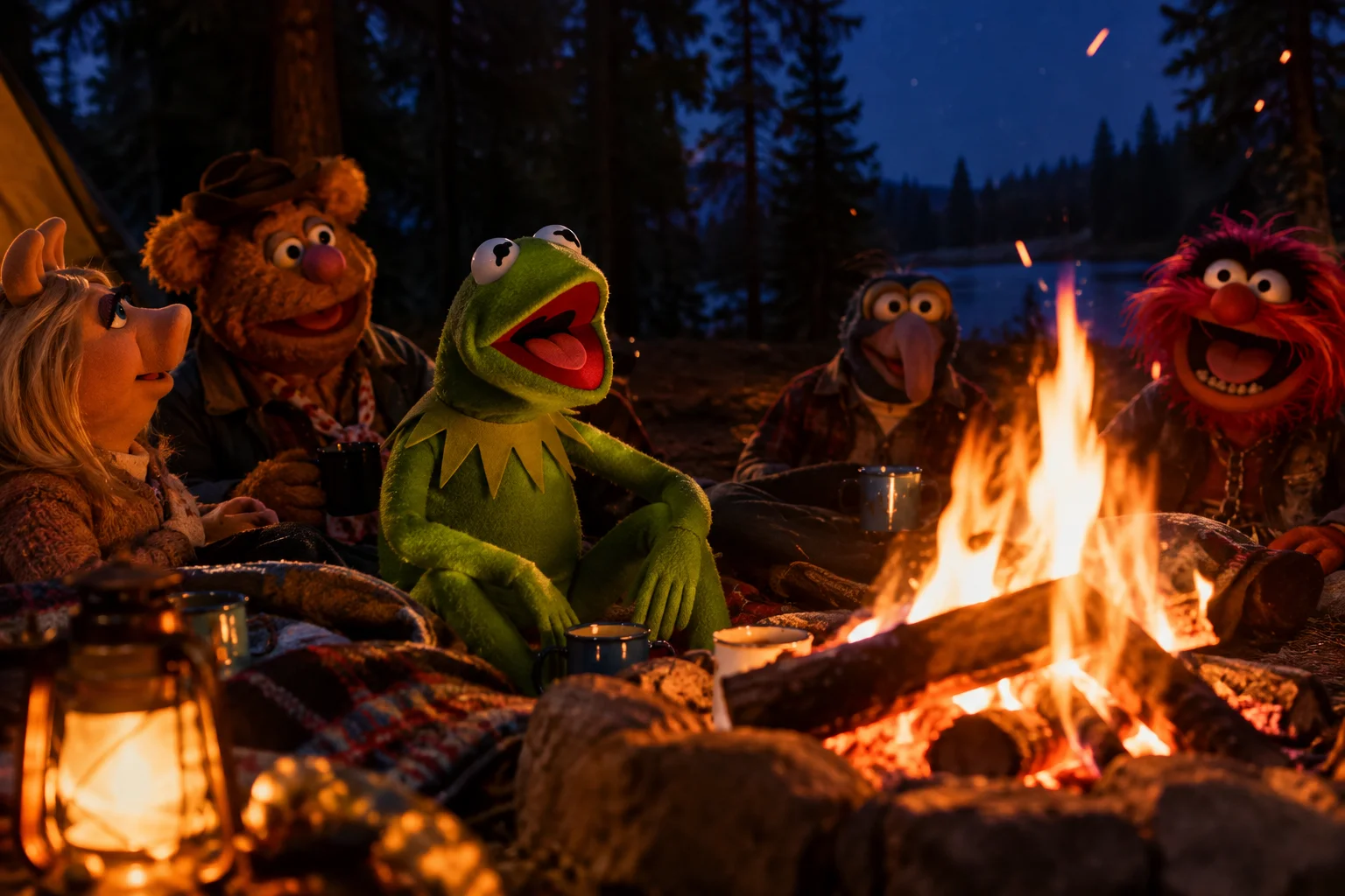 Kermit the Frog sits beside a glowing campfire with a wide astonished expression as silhouetted friends gather in a cozy forest clearing under the deep blue night sky.