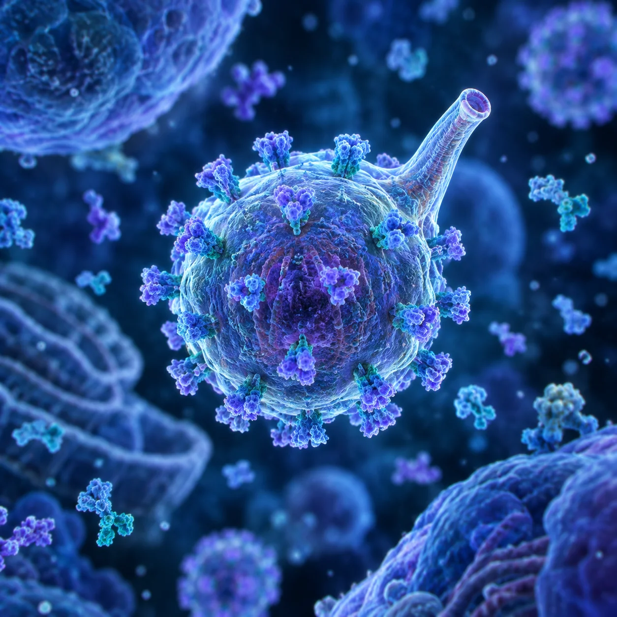 A translucent, geoduck-inspired virus particle with symmetrical protein spikes and a tiny siphon-like protrusion floats among blurred cellular structures and molecular fragments in luminous blue, violet, and teal fluorescence.