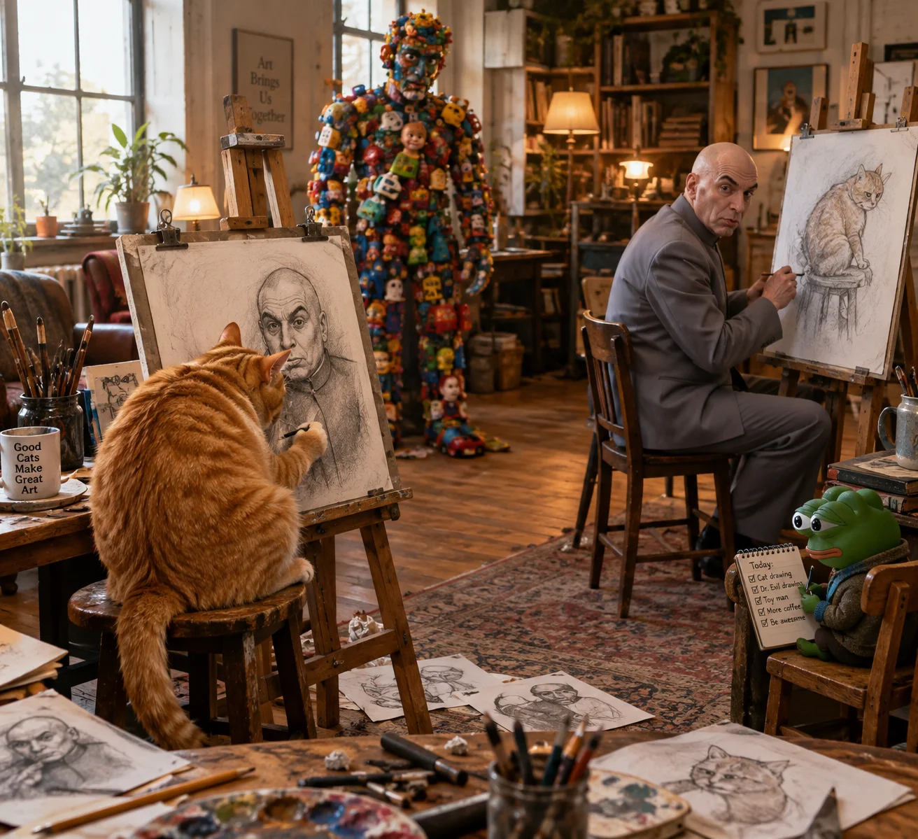 In a cozy artist’s studio, a slouching orange cat and a bald, sharply dressed man draw portraits of each other at easels, while a note-taking frog and colorful toy-built figure observe nearby.