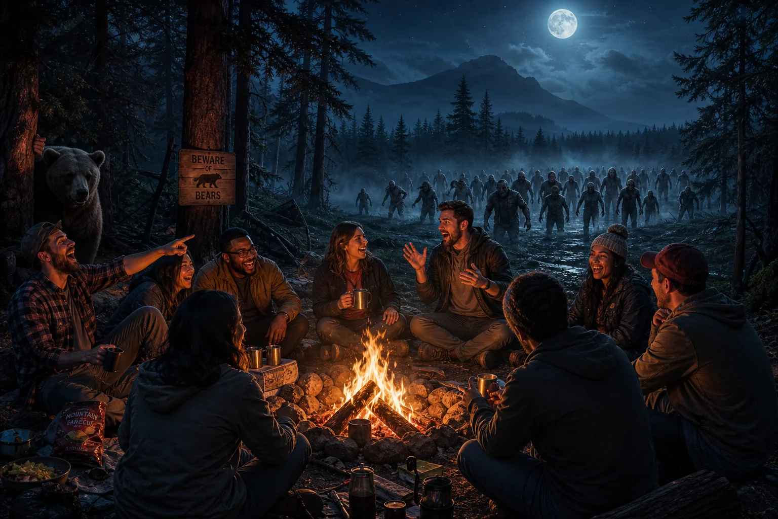 A lively group gathers around a glowing bonfire in a misty nighttime forest, laughing and sharing snacks as a curious bear watches nearby and an unaware zombie horde approaches in the background.