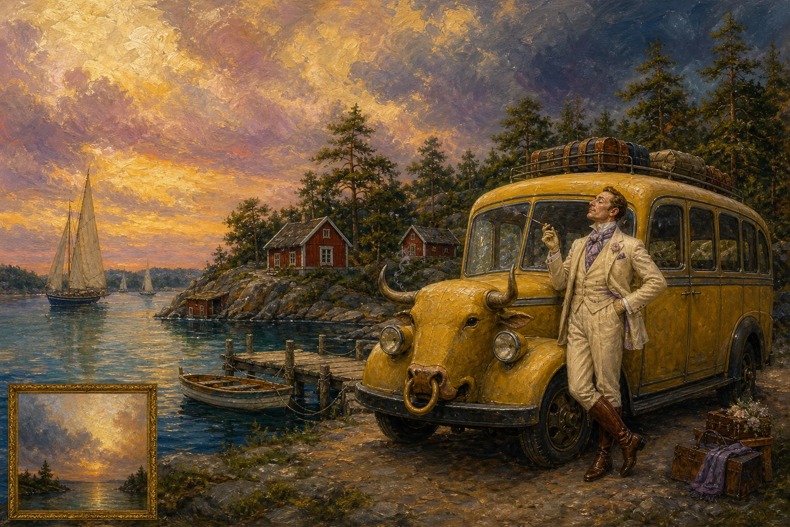 A whimsical oil painting shows a vintage yellow bus and theatrically posed dandy beside a rocky Stockholm archipelago pier, with red cottages, pines, sailboats, and a glowing dusk sky.