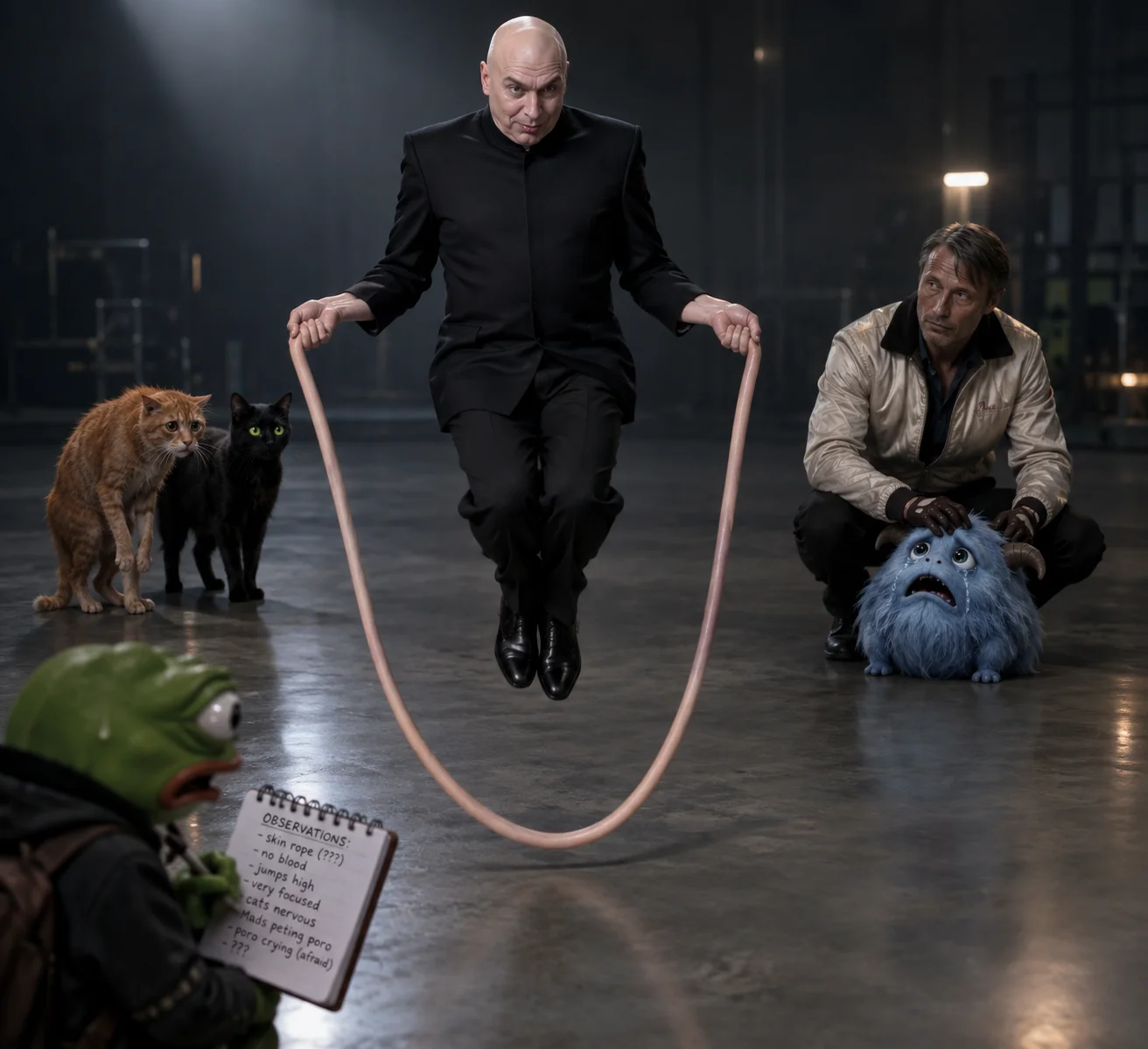 In a dim studio, a bald supervillain-like man jumps with a surreal skin-like rope while two cats watch, a dark-clad man pets a crying blue creature, and a tiny frog takes notes in the foreground.