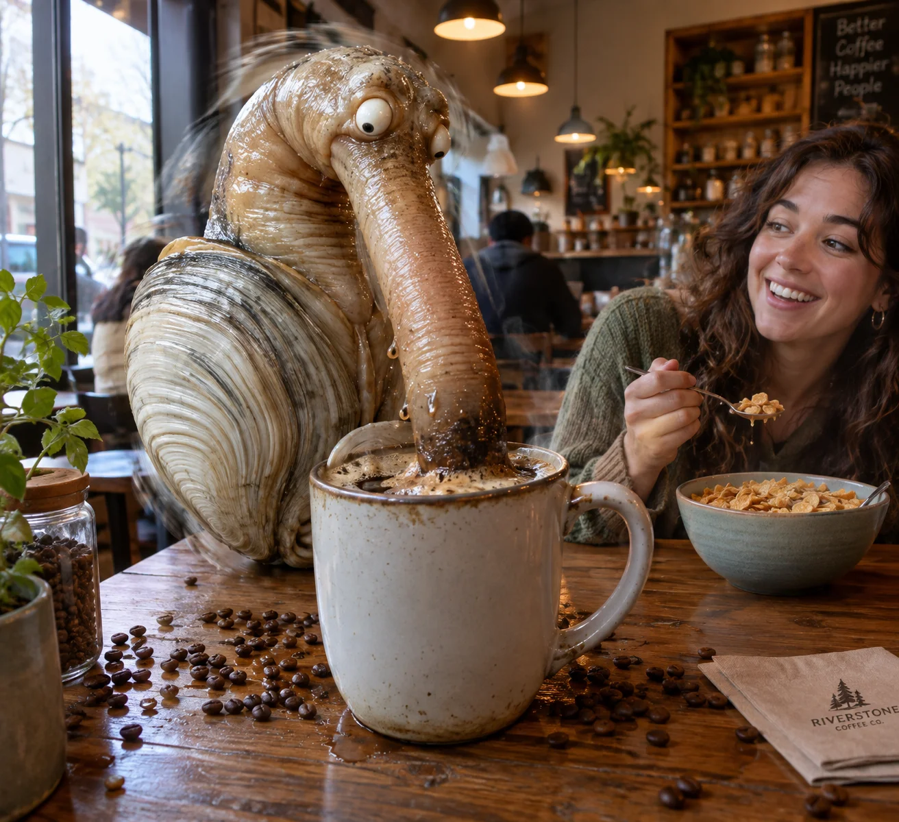 A colossal geoduck rises from a coffee mug, frantically drinking through its siphon while a companion eats cereal beside it at a warmly lit café table.