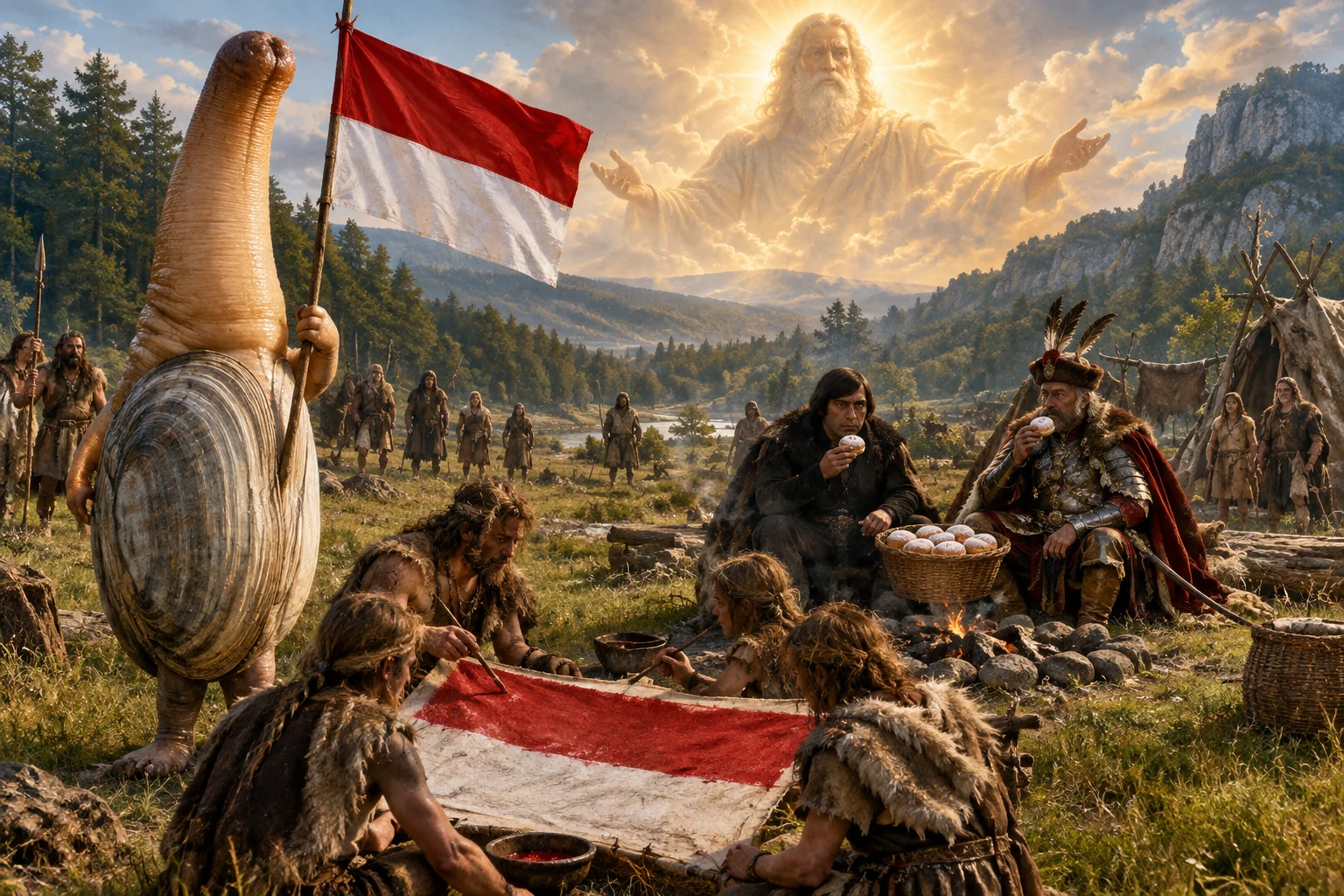 A colossal upright geoduck holds an Indonesian flag while prehistoric tribespeople paint its pattern on a grassy plain, as two travelers eat pastries beside a fire beneath a radiant cloudlike figure.