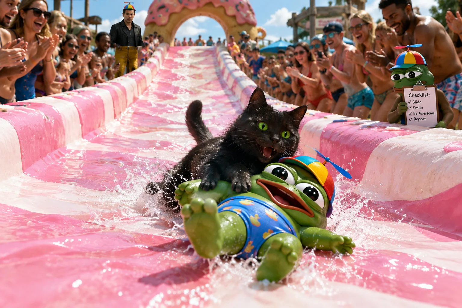 A small figure in a propeller hat and swimsuit slides down a glossy pink-and-white donut-themed water slide with a black cat atop them, while cheering crowds watch in a sunny water park.