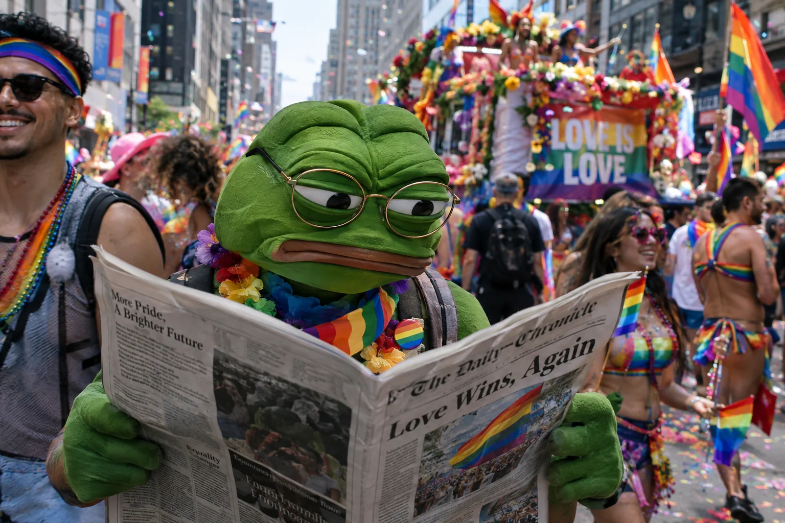 A bespectacled green frog reads a newspaper with an annoyed expression while joining a joyful pride parade of rainbow flags, decorated floats, confetti, and crowds on a lively city street.