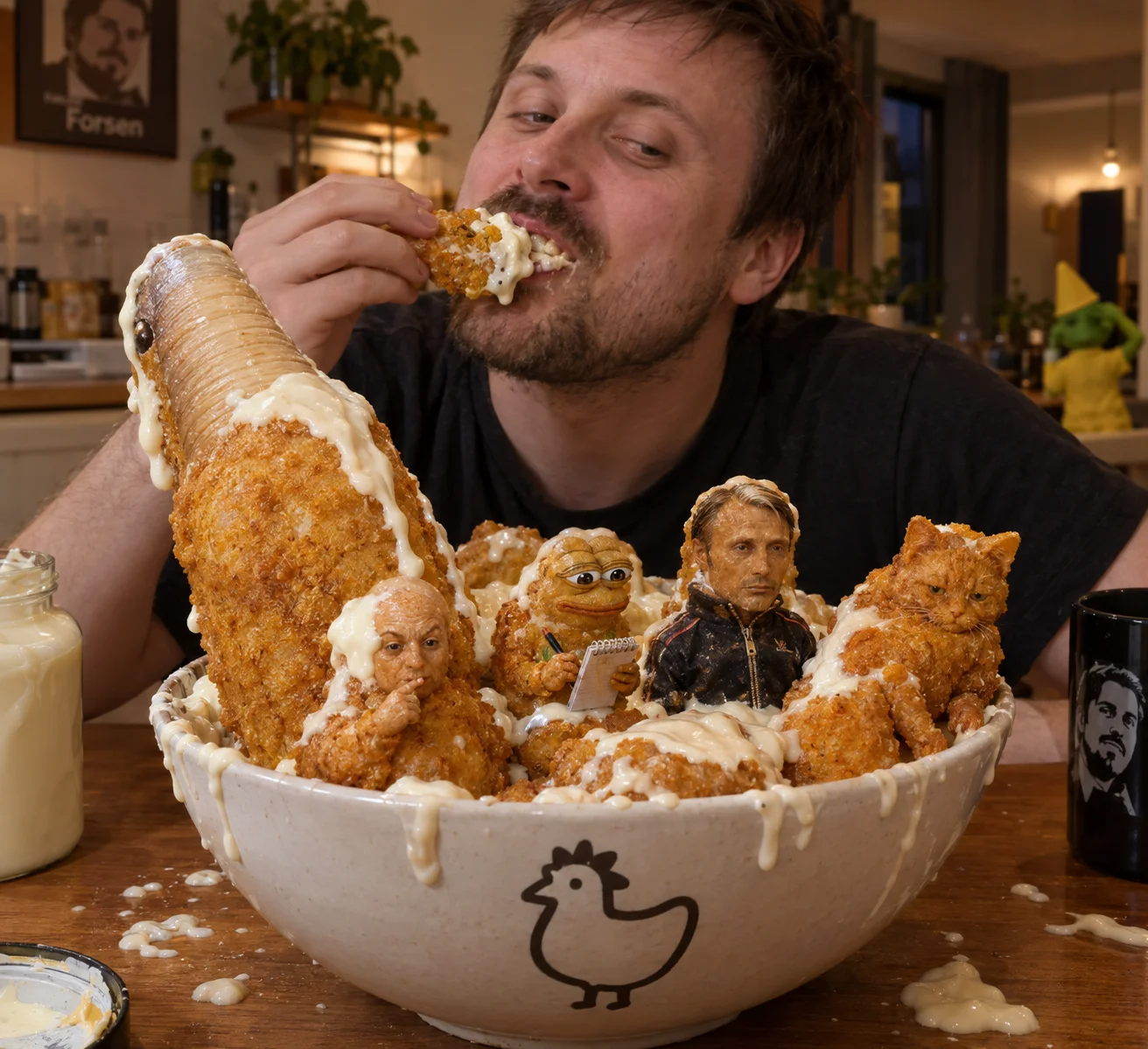 A man eats a fried chicken nugget beside a mayonnaise-covered bowl of whimsical character-shaped nuggets on a warmly lit kitchen table, with a tiny green frog in a yellow hat barely visible in the background.