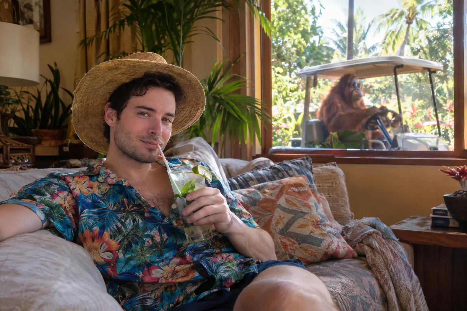 A relaxed person in a straw hat and colorful Hawaiian shirt sips a mojito on a tropical living-room couch, while an orangutan drives a golf cart past the sunlit garden outside.